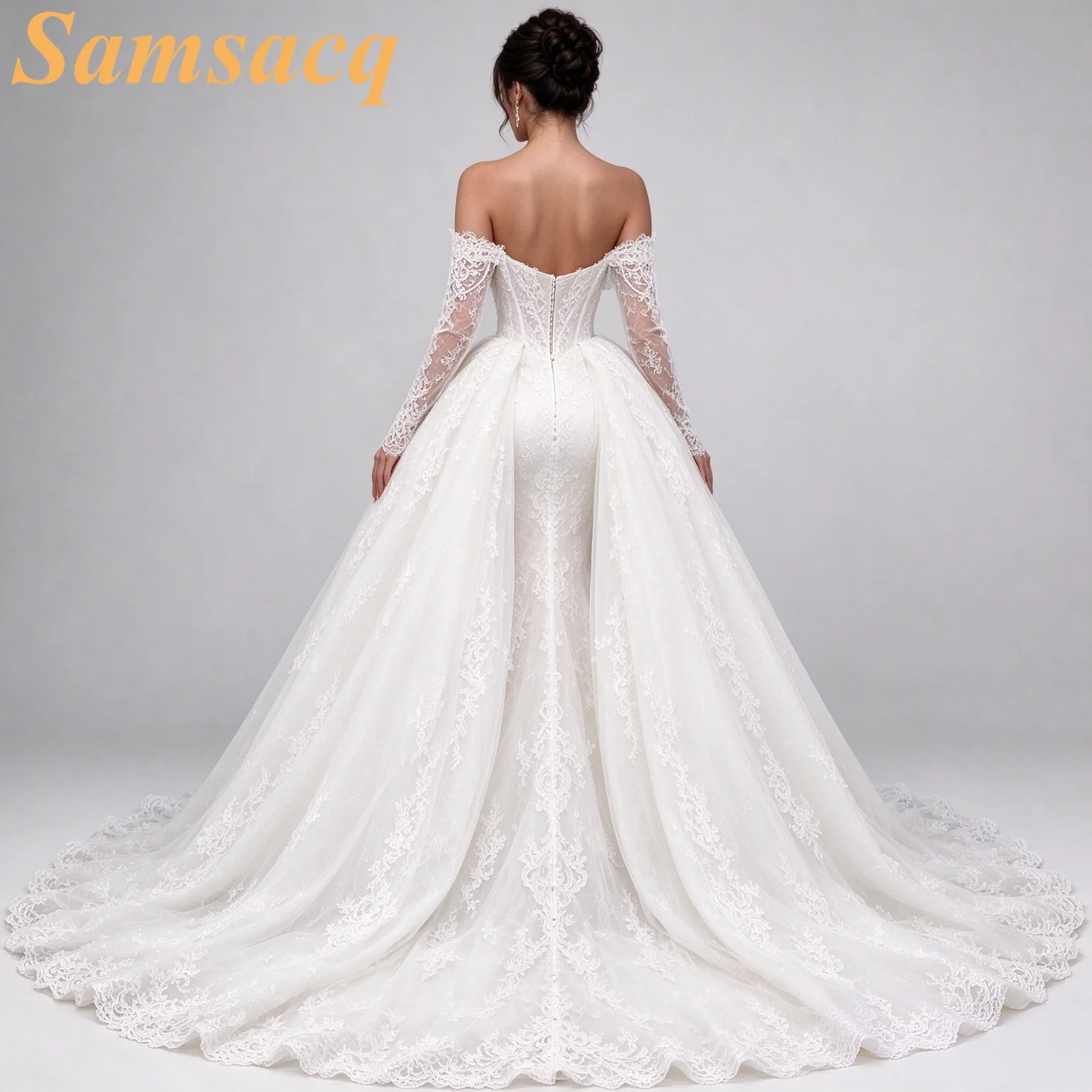Custom Off Shoulder Long Sleeve Mermaid Wedding Dress Detachable Overskirt Lace Bridal Gown Chapel Train Vestido De Novia