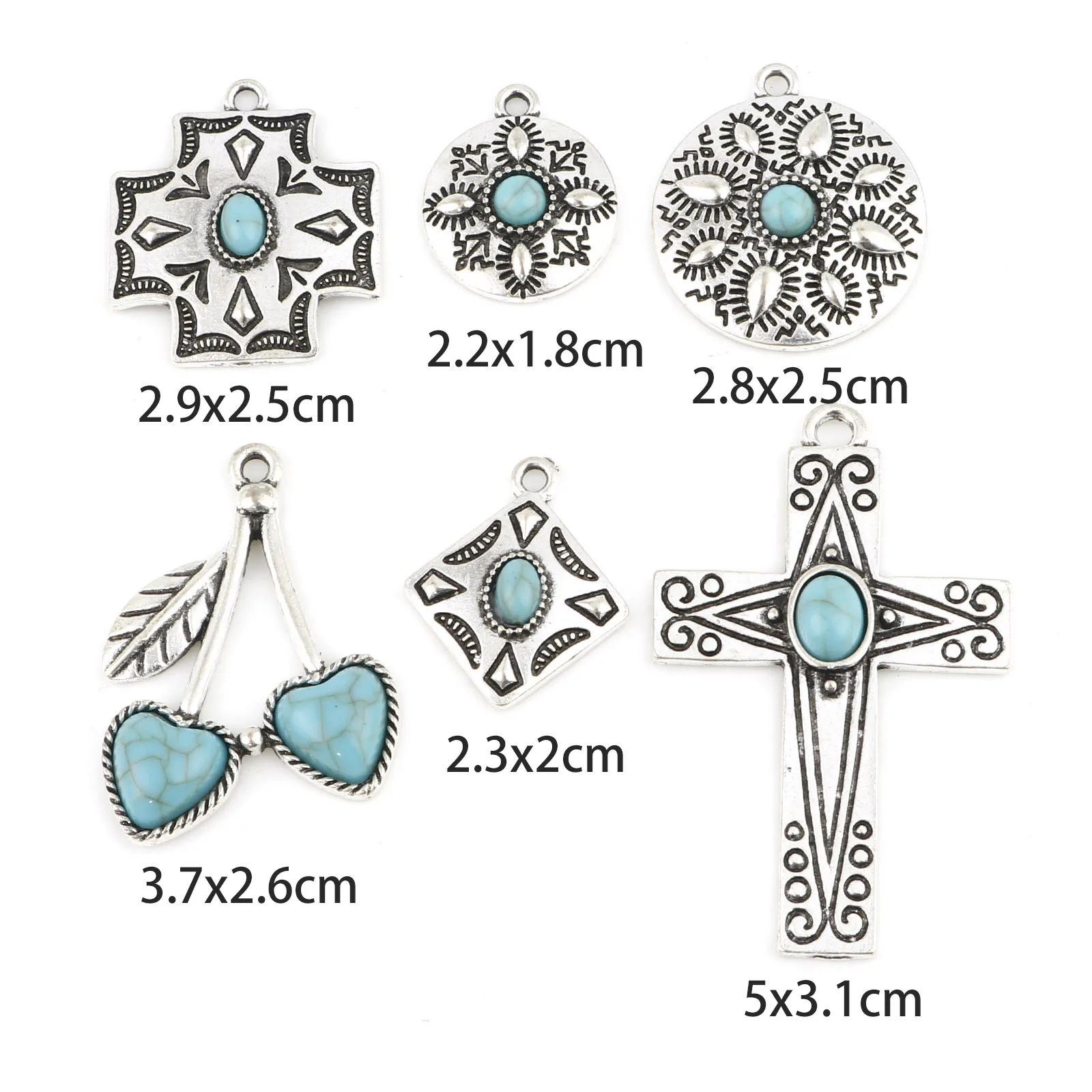 Bohemian Metal Charms Cross Antique Silver Color Blue With Resin Cabochons  Pendant DIY Necklace Jewelry,5PCs