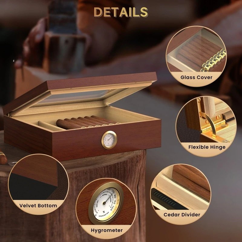 Cigar Humidor Box Cigar Case with Humidifier and Hygrometer, Cedar Wood Cigar Box with Divider, Cigar Gifts Accessories for Men view 5