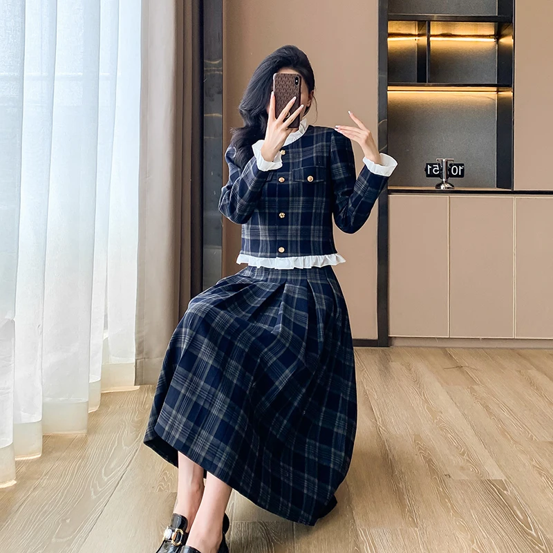 New Luxury Autumn Plaid Two Piece Set Designer Women Ruffles Single Breasted Short Tops + High Waist A Line Pleated Skirts Suits