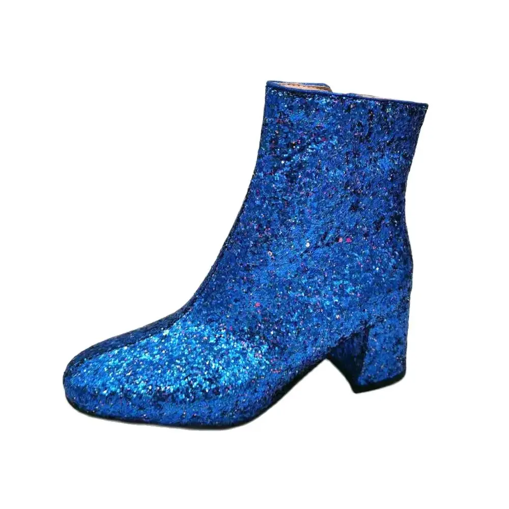 Botines de tacón grueso con purpurina para mujer, zapatos de baile con cremallera lateral y punta redonda, perfectos para fiestas y salidas nocturnas, europeos