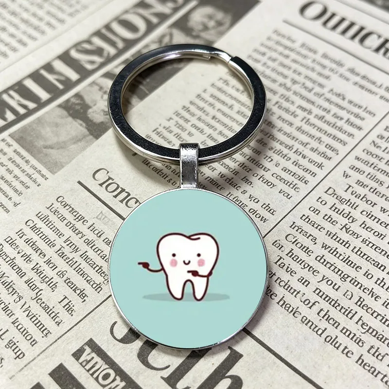 New Mint Green Base Cheerful Smiling Tooth Pattern Convex Glass Cabochon Keychain Oral Care Bag Car Pendant Present