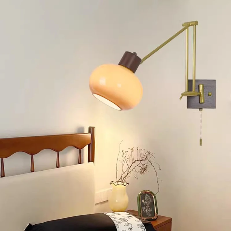 

Vintage Retractable Swing Arm Wall Lamp E27 Bulb Glass Sconces Bedroom Bedside Wall Light for Living Room Study Reading Lights