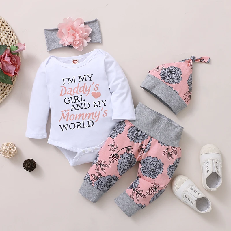 0-18 miesięcy Noworodek Dziewczynka Odzież z długim rękawem Romper Rose Pant z kapeluszem i opaską na głowę Wiosna 4PCS Strój dla małej dziewczynki