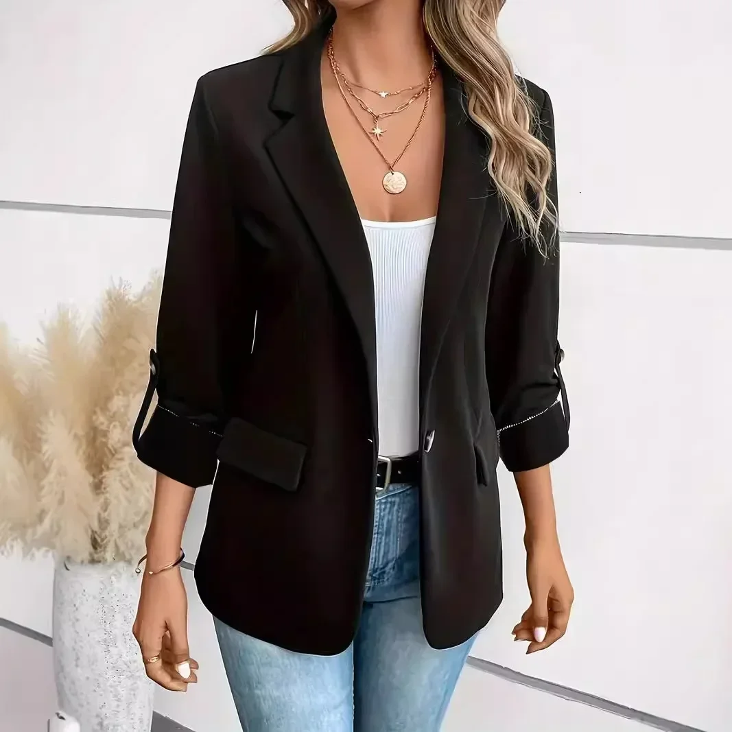Women Long Sleeve Blazer Lapel Rollable Cuff Single Button Casual Office Suit Jacket With Pockets