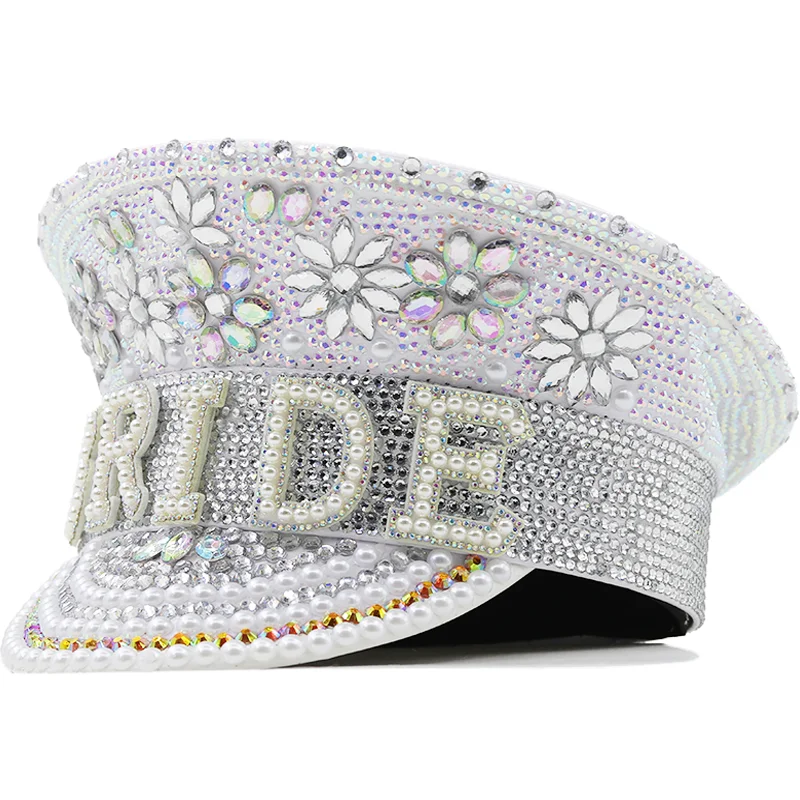 

Luxury Women Sequin Burning Silver Bride Pu Military Hat Handmade Sailor Captain Sergeant Hat Birthday Festival Part Hat