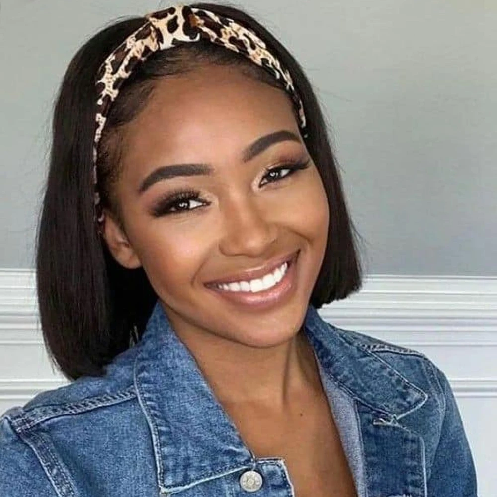 باروكات بوب قصيرة عقال باروكة من شعر طبيعي برازيلي مع عصابة رأس للنساء مصنوعة آليًا بالكامل باروكات شعر بشري مستقيمة