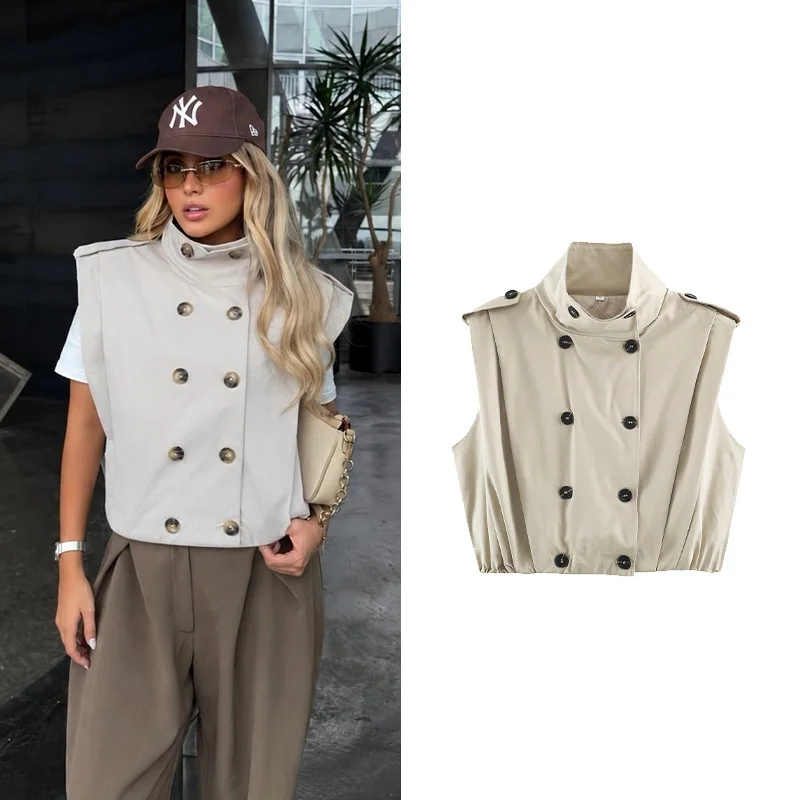 Women's Pleated Waistcoat With Double-Breasted New 2026 Autumn High-Collar Shoulder Tabs Sleeveless Woman Tank Top Female Tops