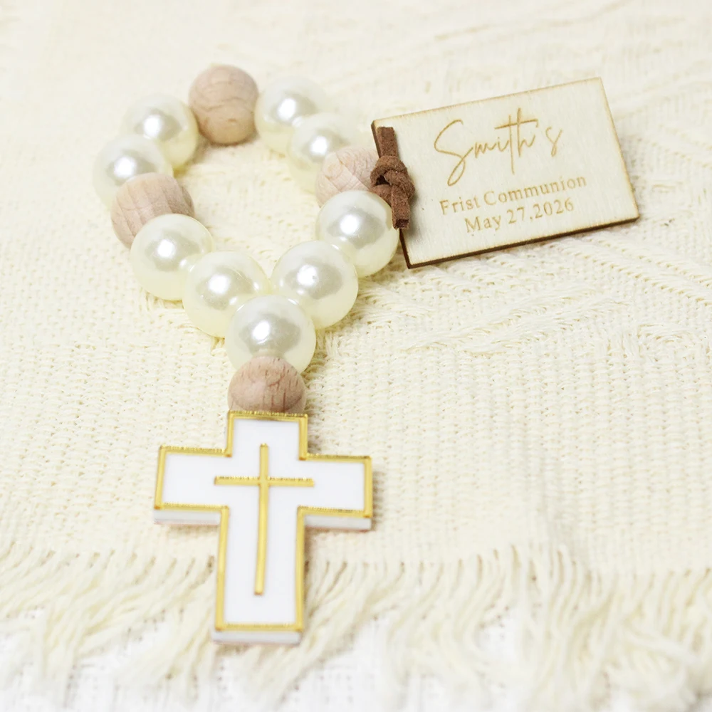 

10/15/20/50pcs Personalized Cross Wooden Rosary Favor Baptism Communion Favors Wood Tags Bulk Christening Guest Favors