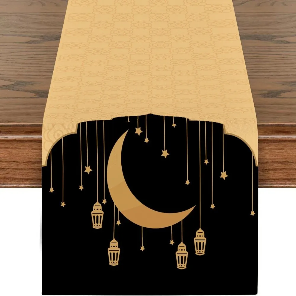 Vintage Ramadan Table Runner Washable 2D Single Print Eid Mubarak Table Runner Floral Crescent Moon Reusable