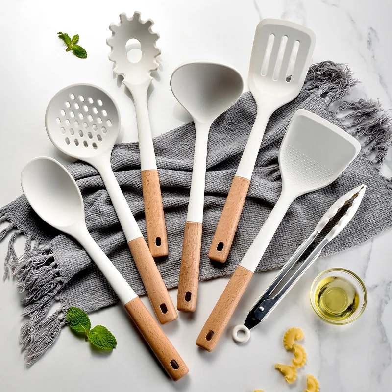 White Silicone Kitchenware Non-stick Cooking Utensils Set Cookware Spatula Spoon Shovel Wooden Handle Kitchen Tool Set