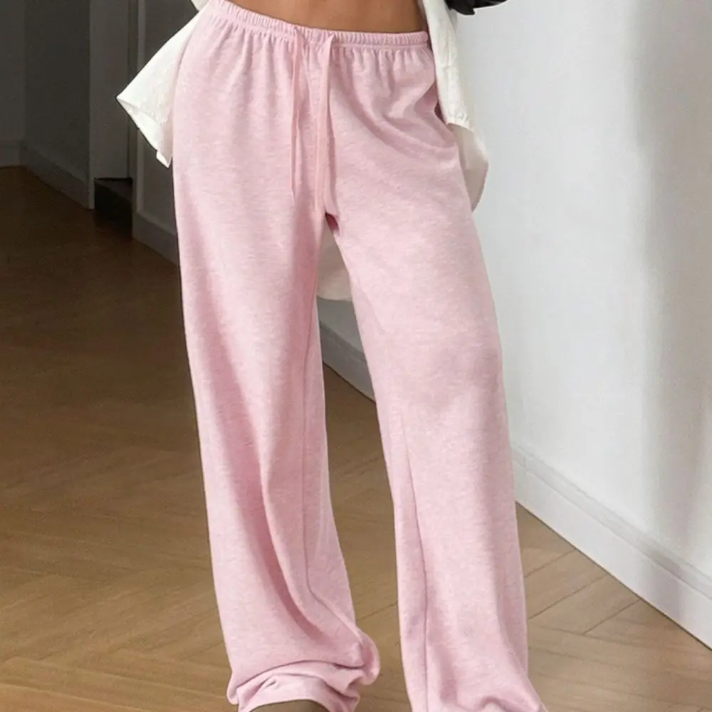 Comfortable Ladies Wide Leg Trousers Casual Loose Fit Elastic Waist Drawstring Solid Color Breathable Soft Fabric Lounge Pants