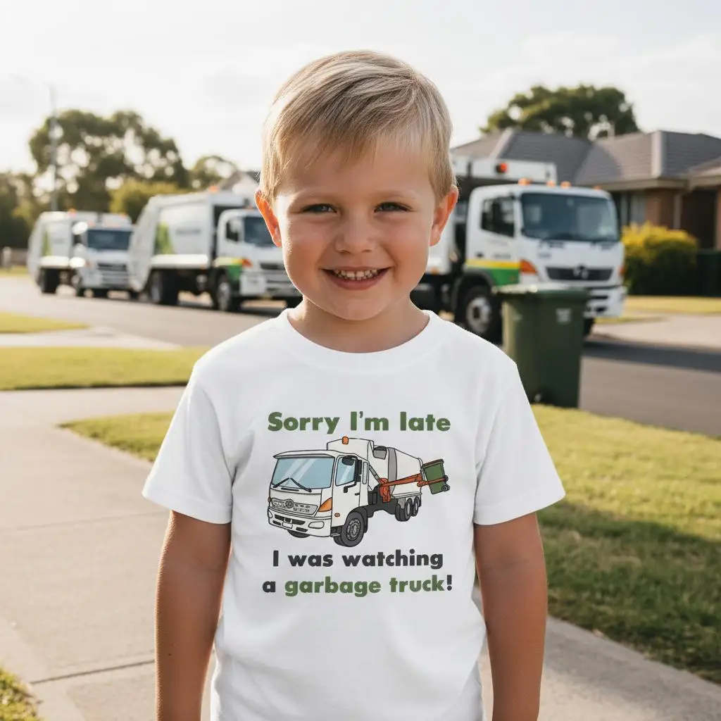 Garbage Truck T-Shirt, Sorry I’m Late I Was Watching A Garbage Truck Children's and Parent's Clothing for Both Boys and Girls