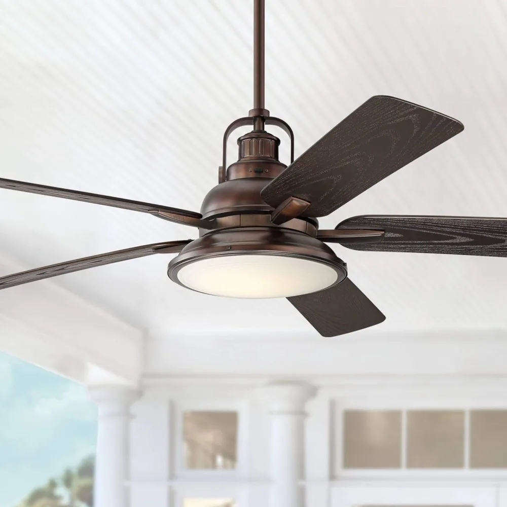 

60" Wind and Sea Industrial Indoor Outdoor Ceiling Fan with Light LED Remote Control Dimmable Oil Brushed Bronze Brown