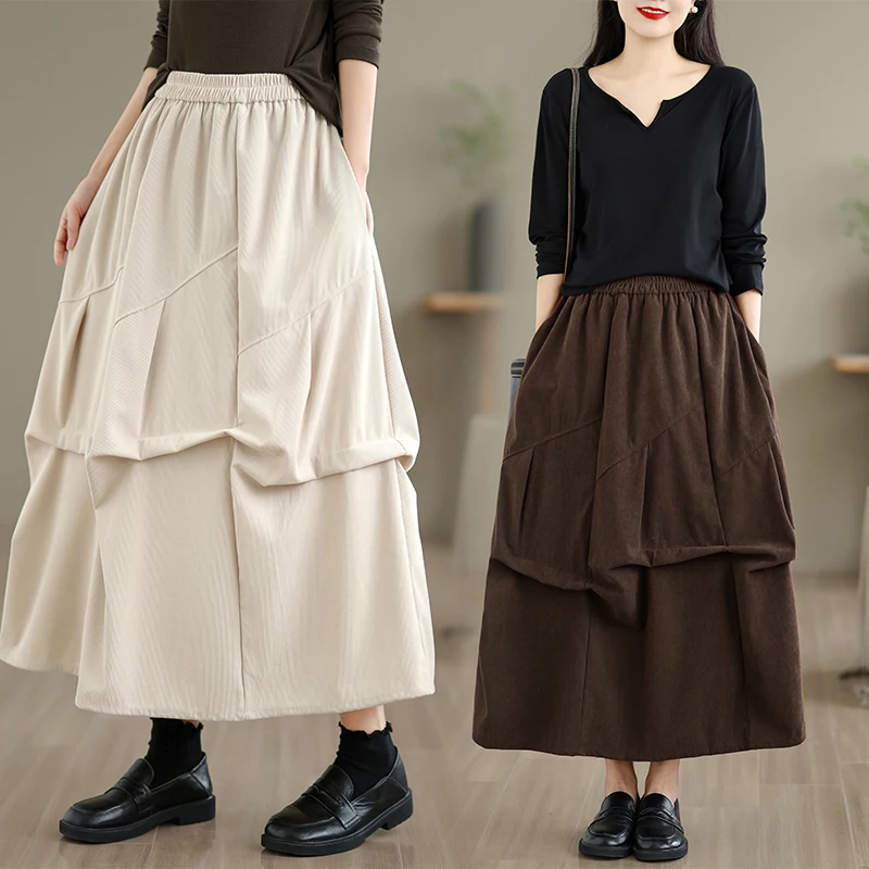 

Весенняя модная вельветовая юбка А-силуэта с плиссировкой, универсальная, больших размеров, женская, средней длины, для повседневной носки, из смесового хлопка