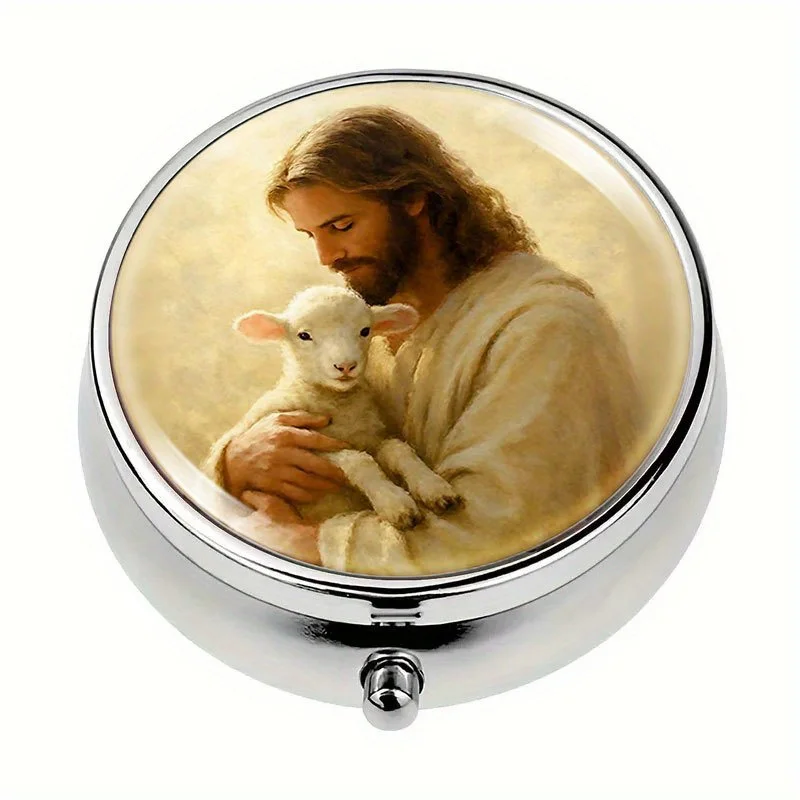 A metal pill box, single compartment, with a three-compartment design, featuring a design of a man holding a lamb. It is an ideal choice for travel and a great gift for animal lovers