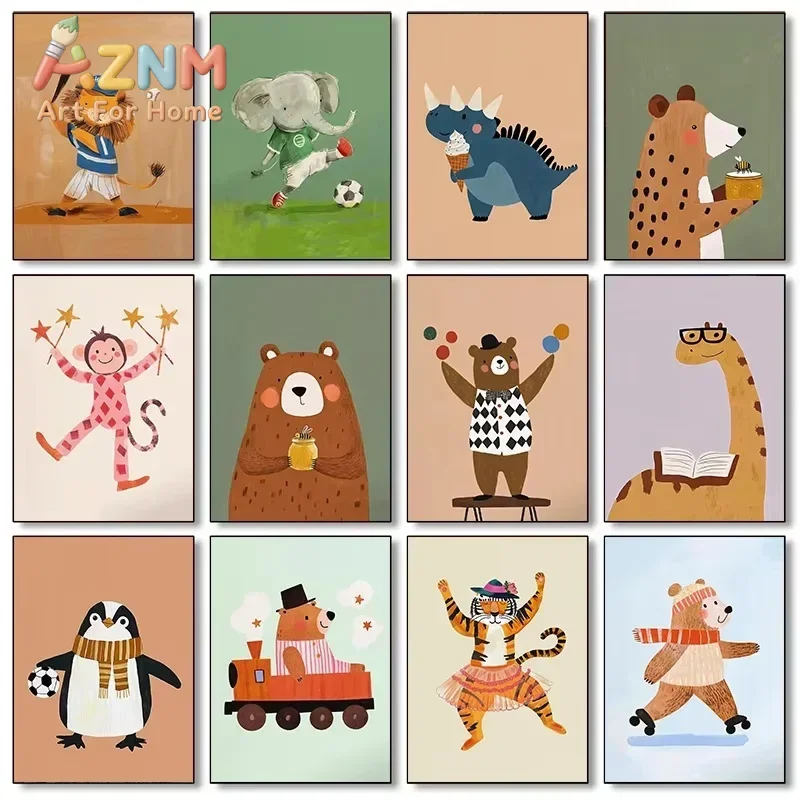 Cute Cartoon Animal Canvas Prints Poster Whimsical Funny Circus Bear Tiger Prints Kid's Room Nursery Wall Art Home Decor Poster