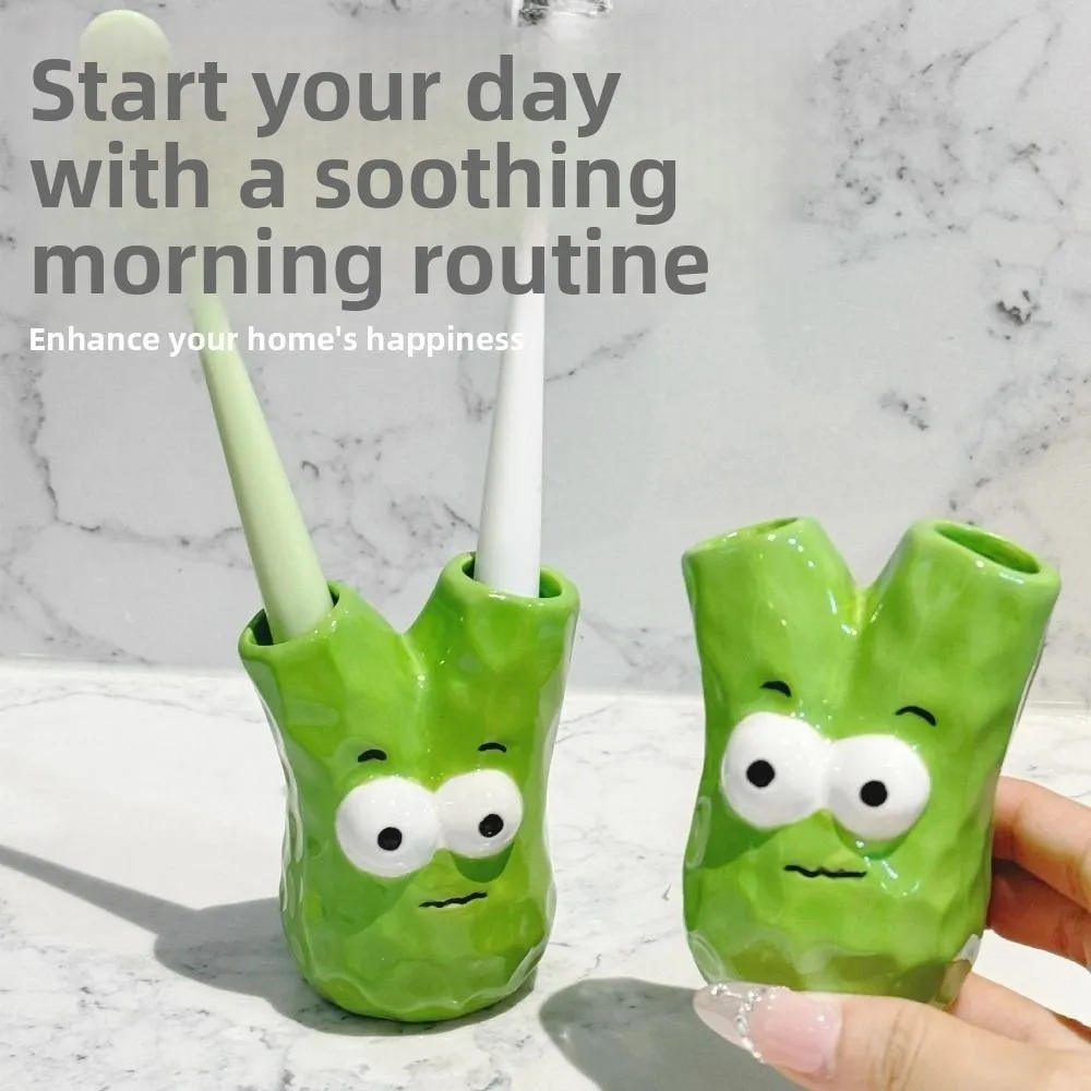 Soporte de cerámica para cepillos de dientes con 2 agujeros, estante para brochas de maquillaje resistente al agua con forma de cebollino, soporte para cepillos de dientes eléctricos de dibujos animados de verduras