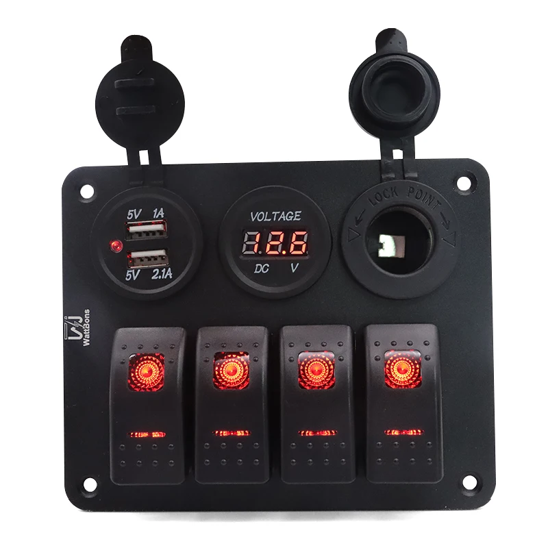 4 Gang Pre-Wired Marine Rocker Switch Panel with Dual USB Car Charger Voltmeter and Power Socket for Car Truck Boat Auto Switch