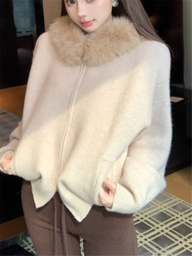 

Норковый флисовый короткий свитер цвета хаки с капюшоном из искусственного меха для женщин, новый осенний модный шикарный вязаный кардиган, топ с длинными рукавами, трикотаж на молнии