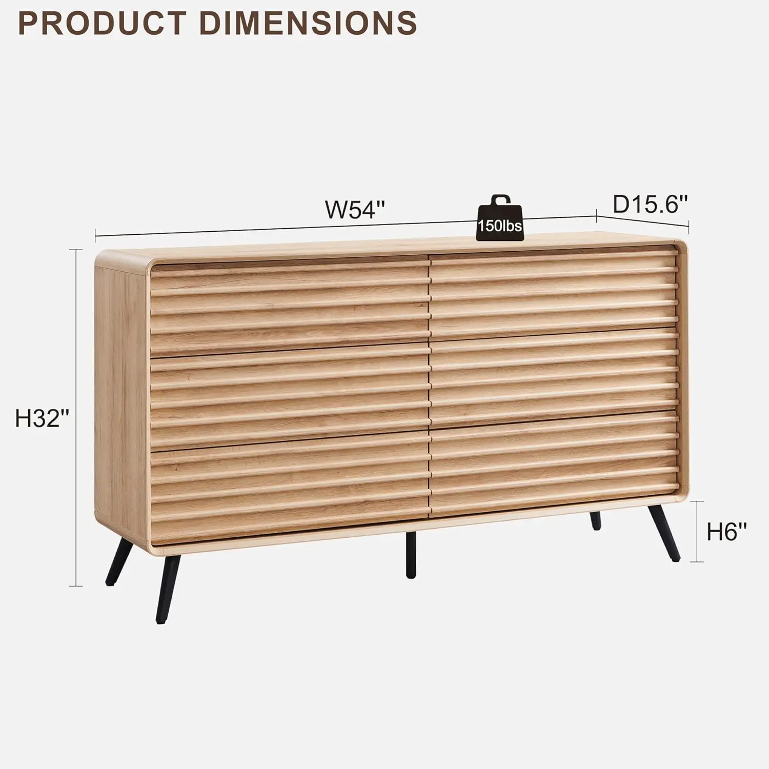 Commode cannelée moderne à 6 tiroirs, commode en chêne naturel de 54 pi avec pieds coniques pour chambre à coucher, salon, couloir