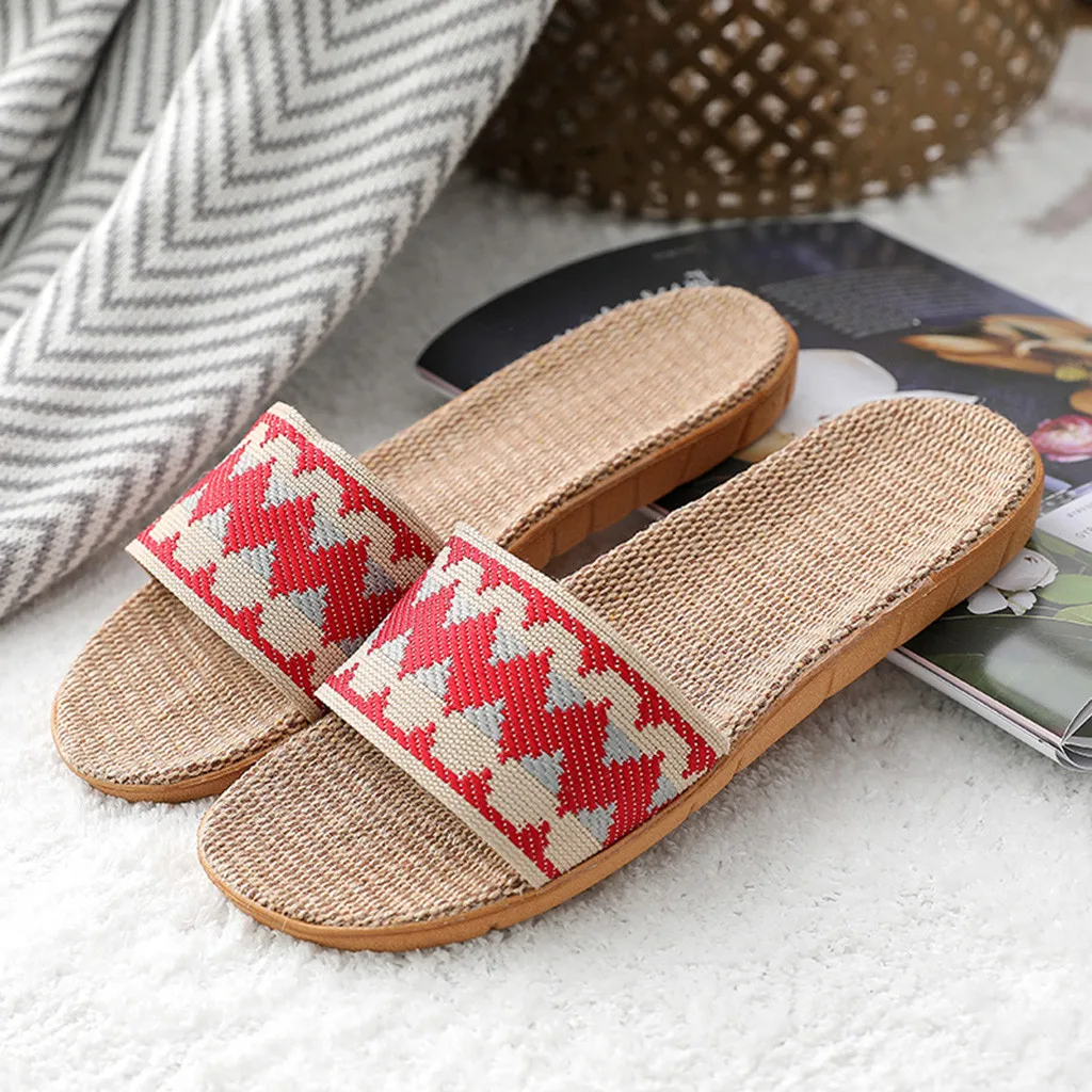 Casual Home Slippers Linen Sole Mixed Colors Fashion Comfort Flat Slippers Leisure Couples Indoor Open Toe Beach Women Shoes