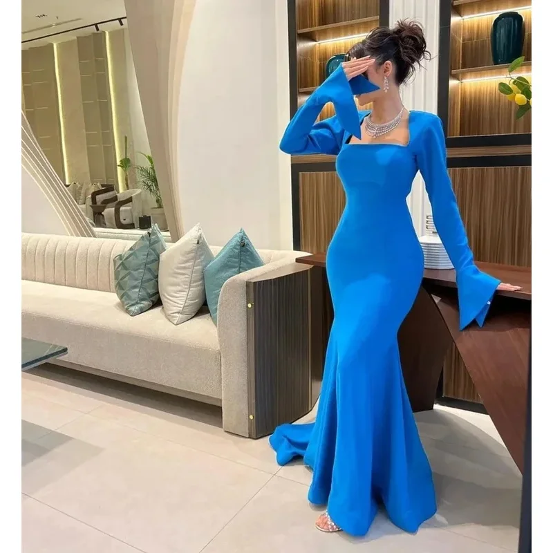 

Saudi Arabia Square Evening Dresses With Sleeves Mermaid Prom Gowns Sweep Train Open Back Formal Party Dress Women customized