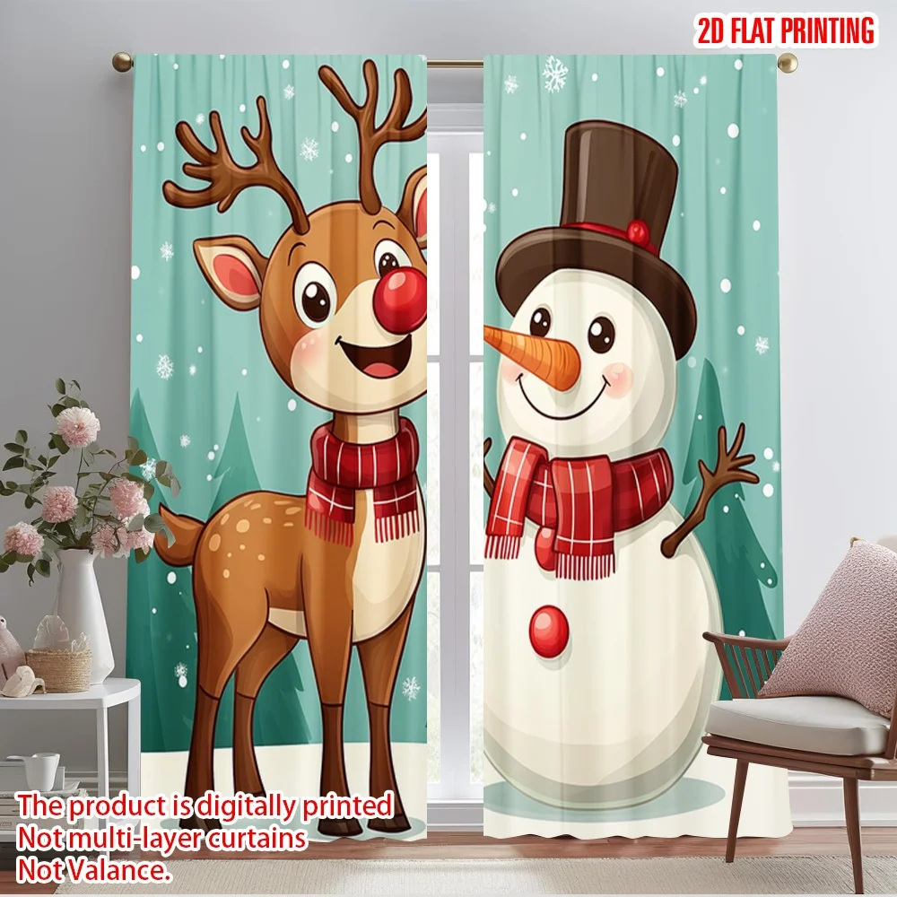 2pcs,2D plane printing Creative Curtains Cute Reindeer Snowman Merry Christmas Polyester Woven (without rod) Festive Use for