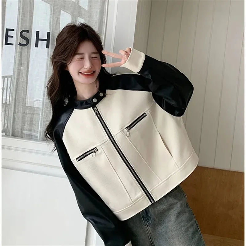 ربيع الخريف السيدات المرقعة بولي معطف معطف جلد ريترو المرأة موضة فو الجلود أبلى 2025 فام الترفيه المرقعة القمم سترة