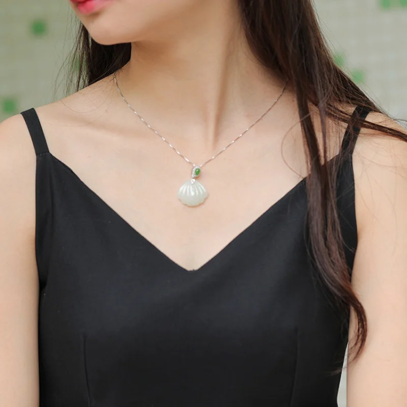 With Certificate of Authenticity Shell-Shaped Jade Pendant New Chinese Style Ancient Style Hanfu Accessories 925 Silver Inlaid H