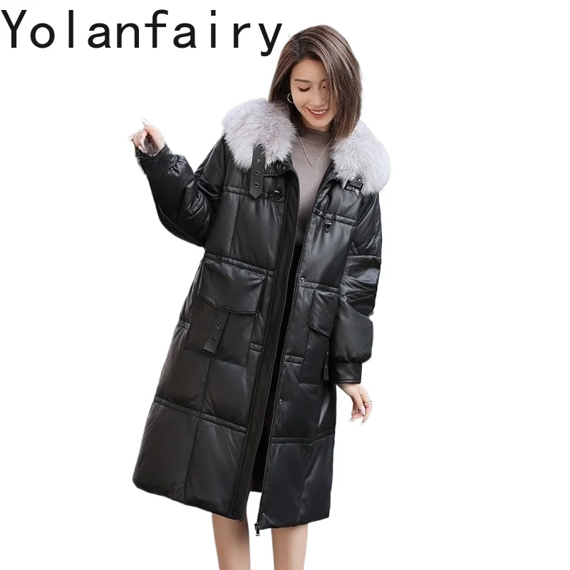 YOLANFAIRY Real Sheepskin Coats Woman Fox Fur Naval Collar Duck Down Lining Mid Length Leather Coat Loose Jackets Плащ Женский