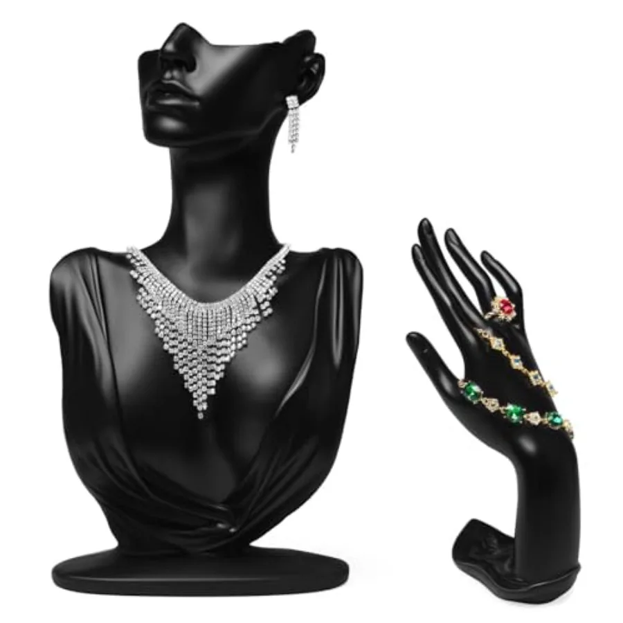 

2Pcs Jewelry Mannequin Set Necklace Bust Mannequin Earring Stand Bracelet Ring Display Hand Jewelry Holder for Selling Show Bla
