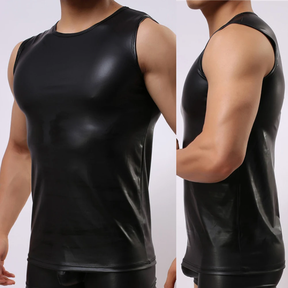 Homens esporte fitness musculação tanques 2022 moda homem faxu couro sem mangas topos ginásio singlet undershirts esporte pulôver topos