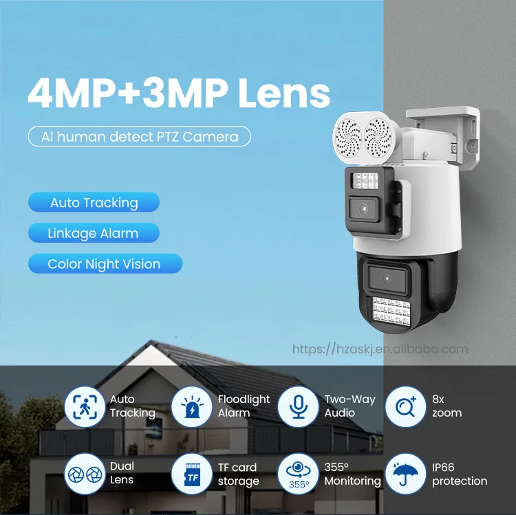 7MP Wireless WiFi PTZ IP Camera Dual Lens C MOS Full Color Night Vision Two-Way Audio Built-in Mic Auto Tracking Surveillance