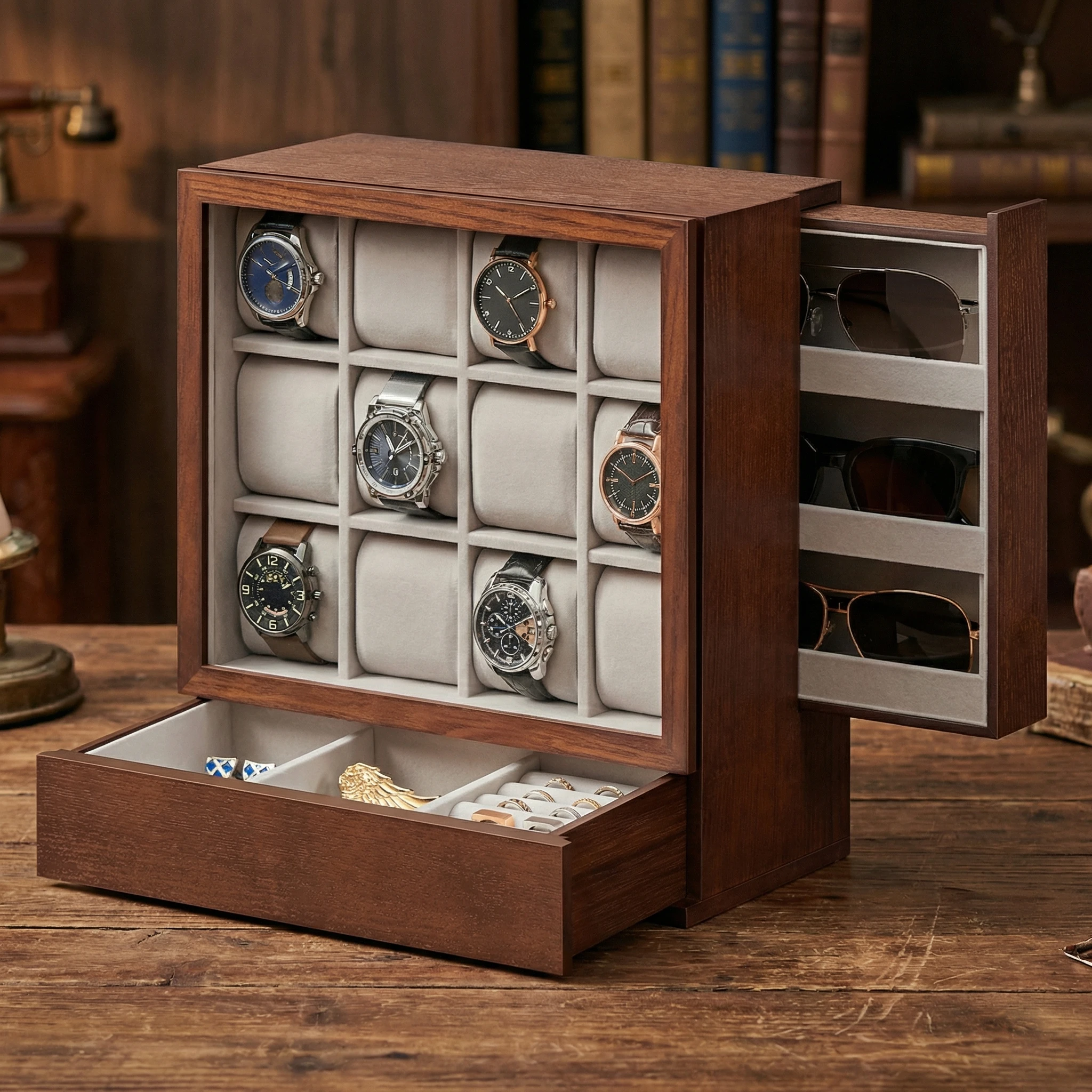 

Коробка для часов SONGMICS на 12 слотов, витрина для часов с окном, шпон из массива дерева, бархатная подкладка, вертикальное хранение