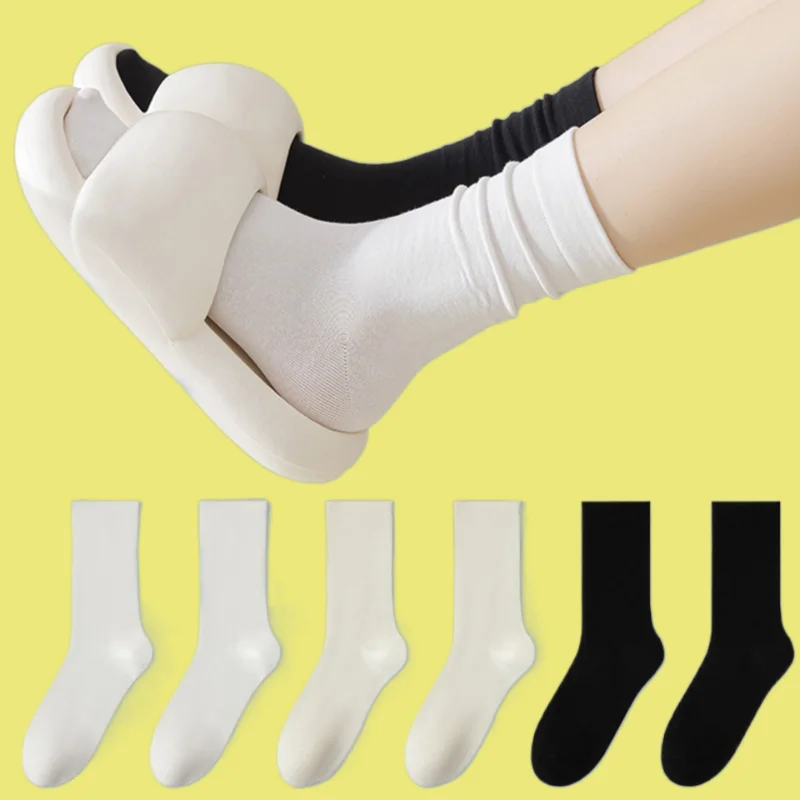 

2/5 Pairs Summer Thin Middle Tube Socks White Black Polyester Cotton Spring And Autumn Confinement Socks Pile Women's Socks