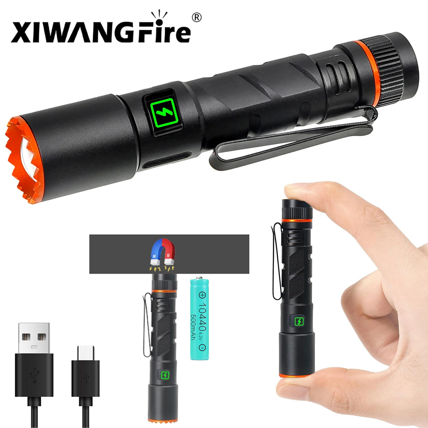 

New LED flashlight 10440 lithium battery with pen clip retractable zoom magnetic flashlight Type-c charging outdoor adventure