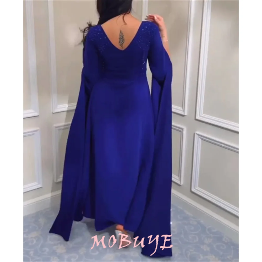 MOBUYE 2024 Popular V Neck Prom Dress Ankle-Length With Long Sleeves Evening Fashion Elegant Party Dress For Women