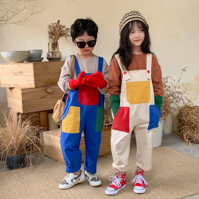 Spring Autumn Boys and Girls colour patch loose overalls Unisex bib pants Children big pocket cotton suspender trousers