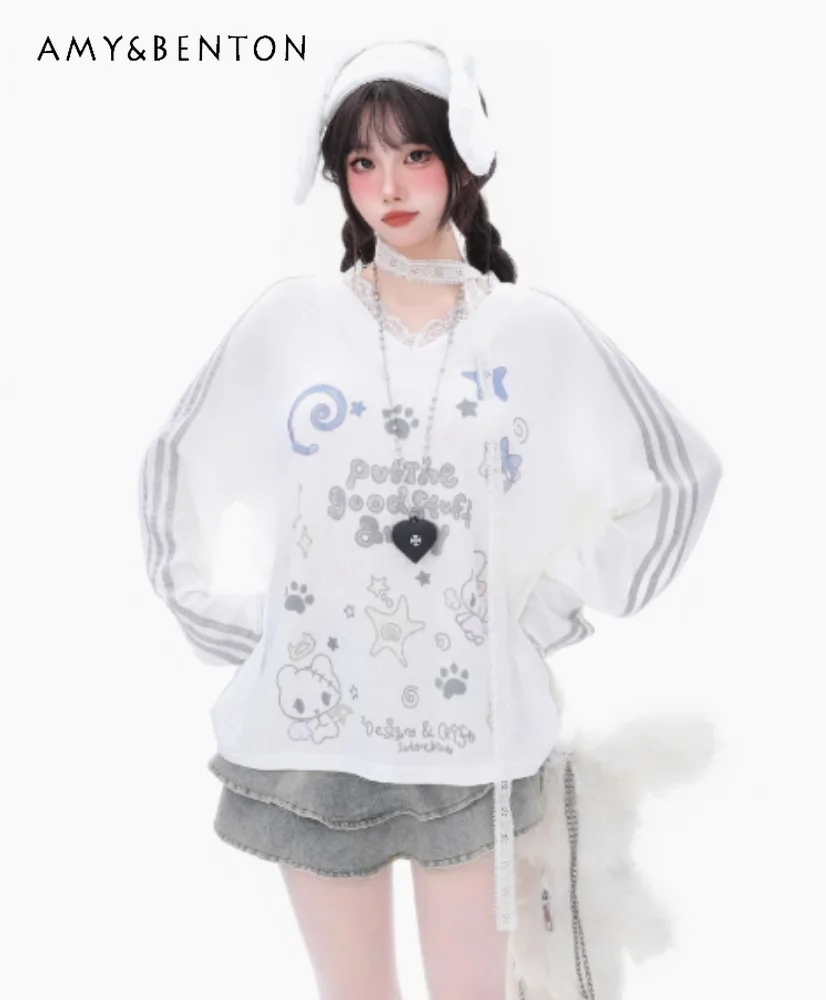 

2025 Cartoon Print Long Sleeve T-Shirt for Women Summer New Loose Versatile Casual Top Thin Sun Protection Shirt