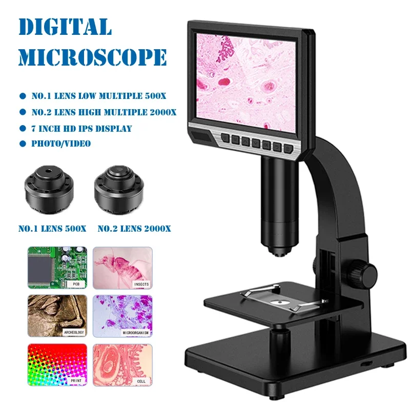 HD 7 Inch IPS Display Digital Microscope 500X 2000X USB Industrial Continuous Amplification Magnifier For PCB Cell Insects