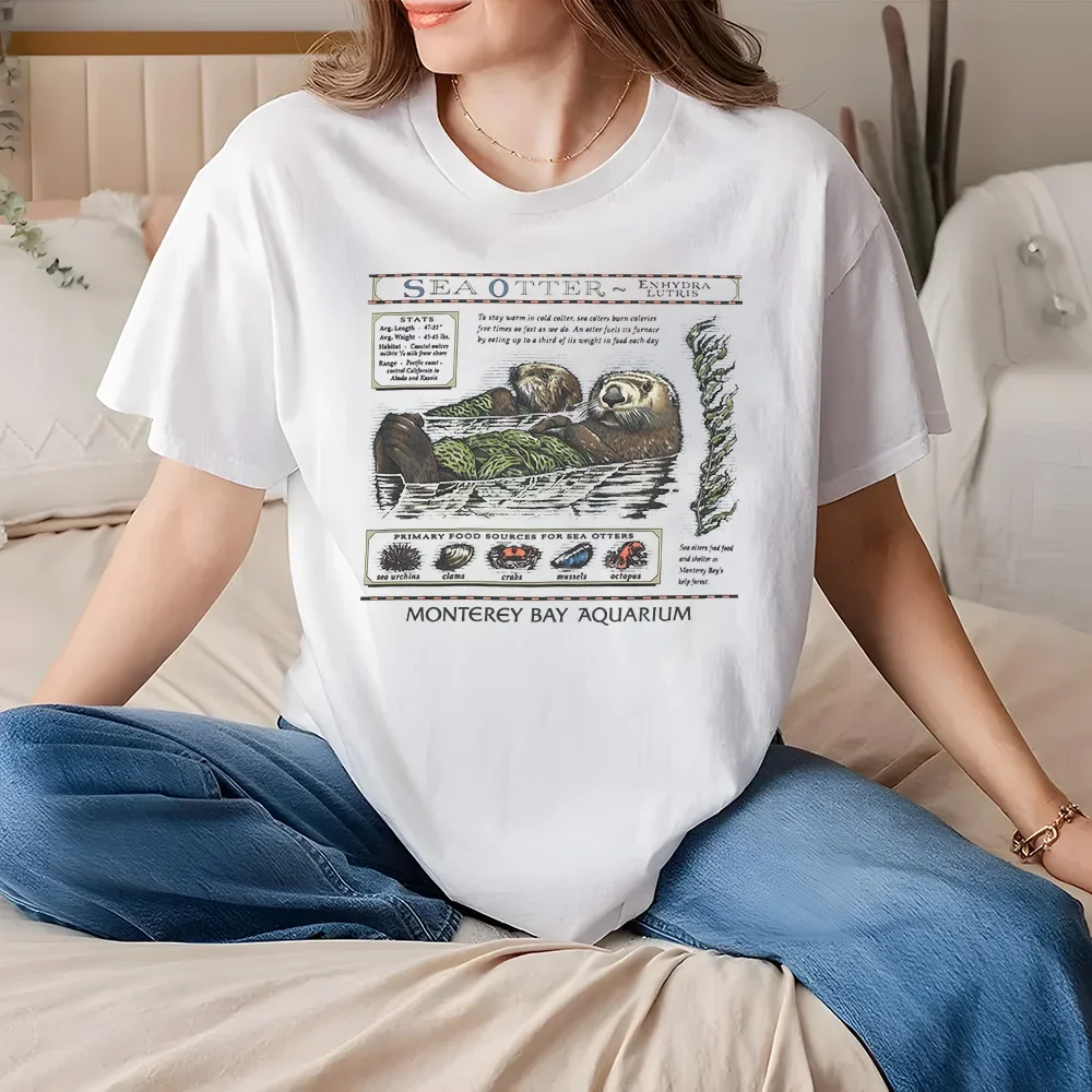 تي شيرت Monterey Bay Aquarium Sea Otter تي شيرت TS Sea Otter حماية جرافيك تي شيرت قطني فضفاض للجنسين كاجوال برقبة دائرية وأكمام قصيرة