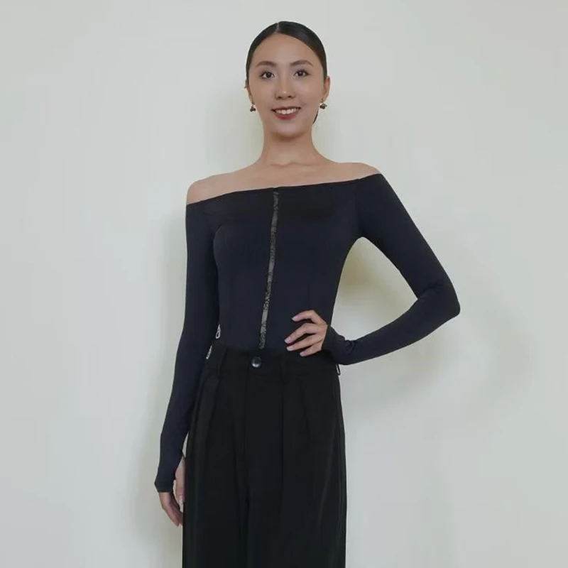 社交ダンストップス長袖 3 色ボートネックトップス大人のルンバサルサダンス服ラテントレーニング練習着 BL18313