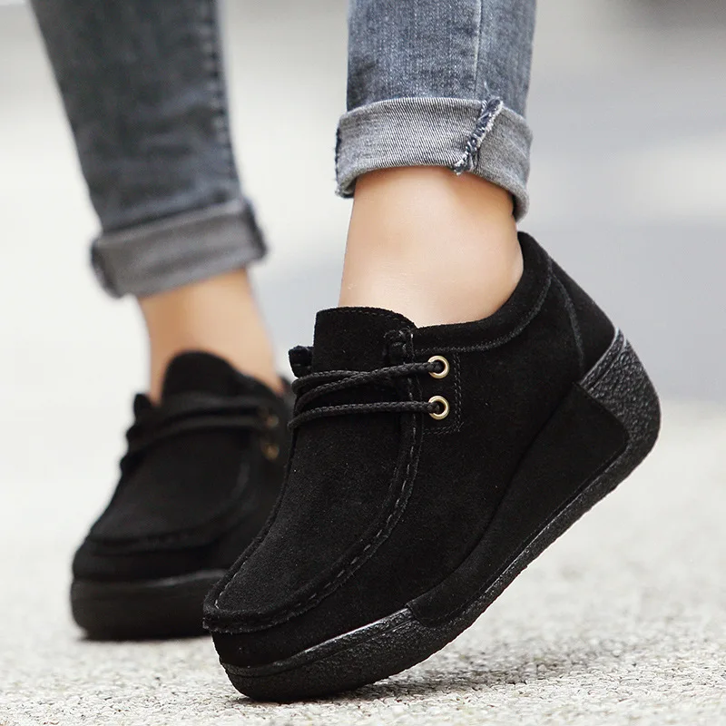 New Spring Summer Cow Suede Leather Shoes Woman Lace-Up Flat Platform Women Shoe Women\'s Loafers Moccasins Female Sneakers