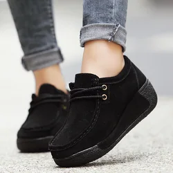 New Spring Summer Cow Suede Leather Shoes Woman Lace-Up Flat Platform Women Shoe Women's Loafers Moccasins Female Sneakers