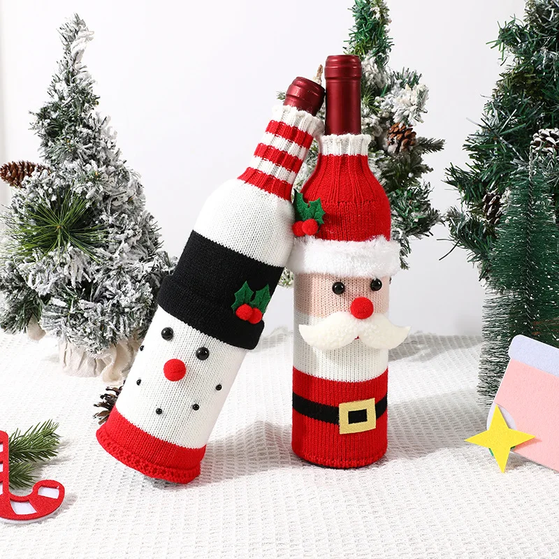 Gestrickte Weihnachts-Weinflaschenhüllen, Weihnachtsmann-Schneemann-Design, Acryl-Champagnerhalter für Urlaub, Party, Tischdekoration, Geschenk
