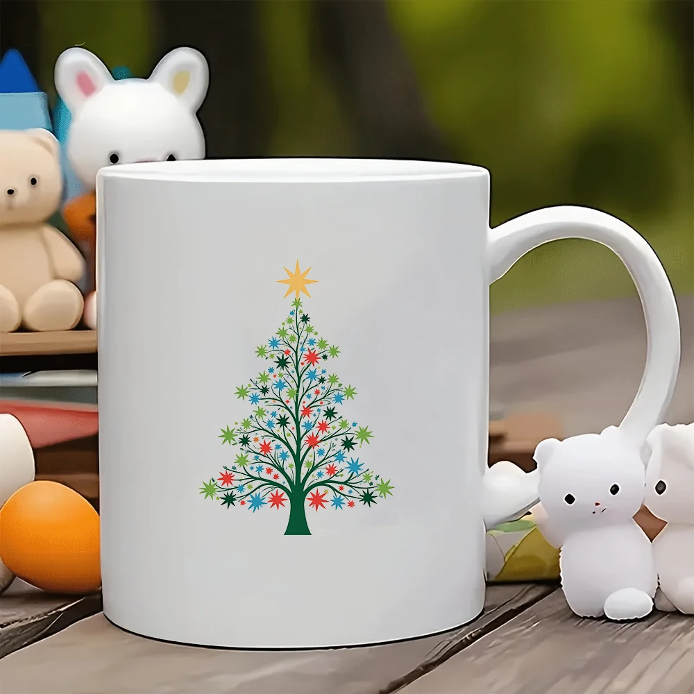 

11oz Cup + Cartoon Christmas Tree Pattern + Colorful Star Decorations Christmas Gift Kids Cup Family Office Coffee Cup