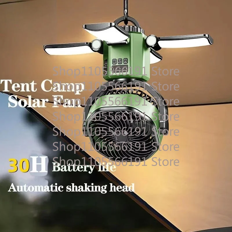 Eary Camping Solar Fan With 6000mAh Battery Powered Tent Camp Fan With Light 4 Speed Wind Adjustable Air Cooling Fan For Outdoor