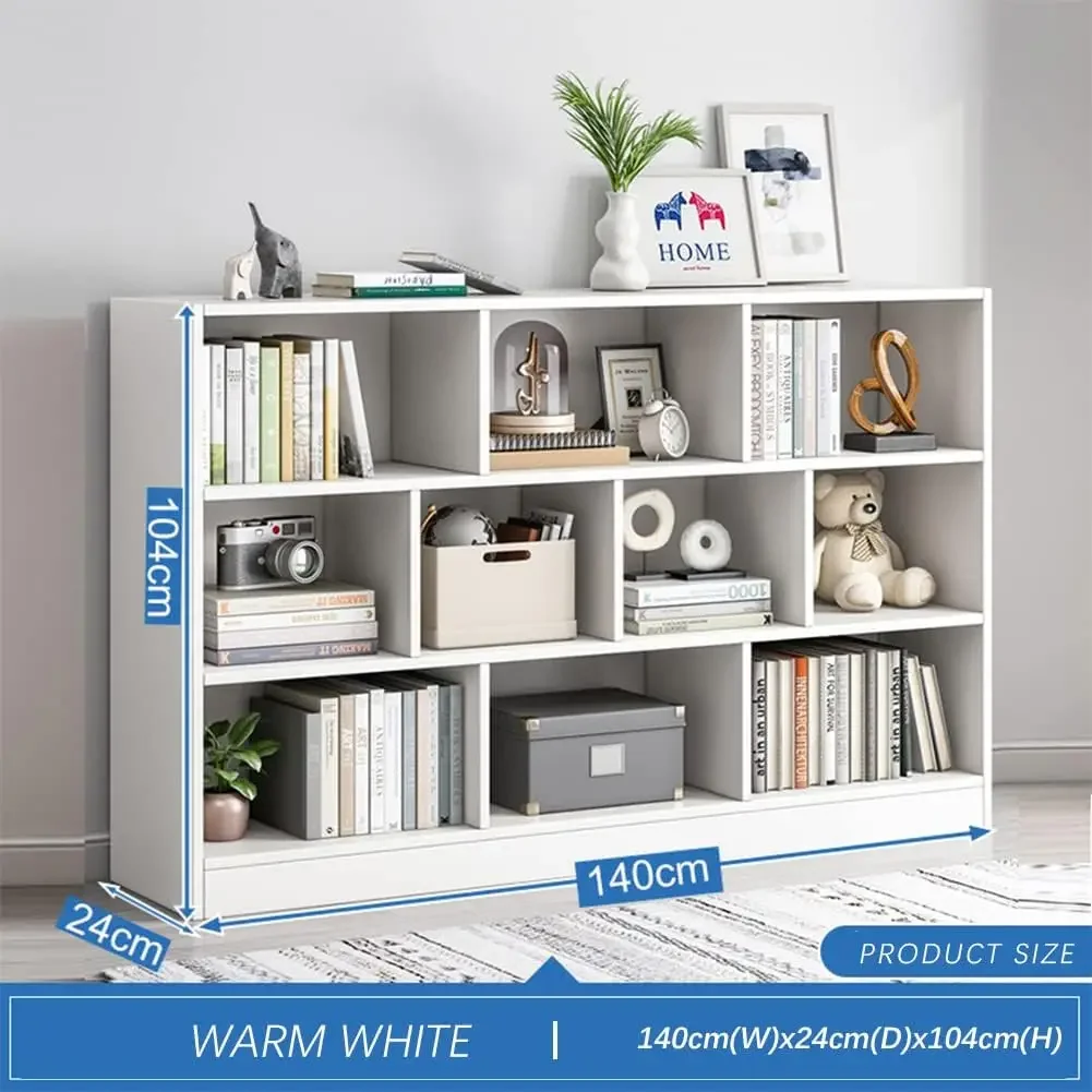 خزانة كتب منخفضة ذات رف مفتوح - منظم خزانة عرض خشبي قائم بـ 3 طبقات مع قاعدة، رف كتب أفقي قصير 10 مكعبات