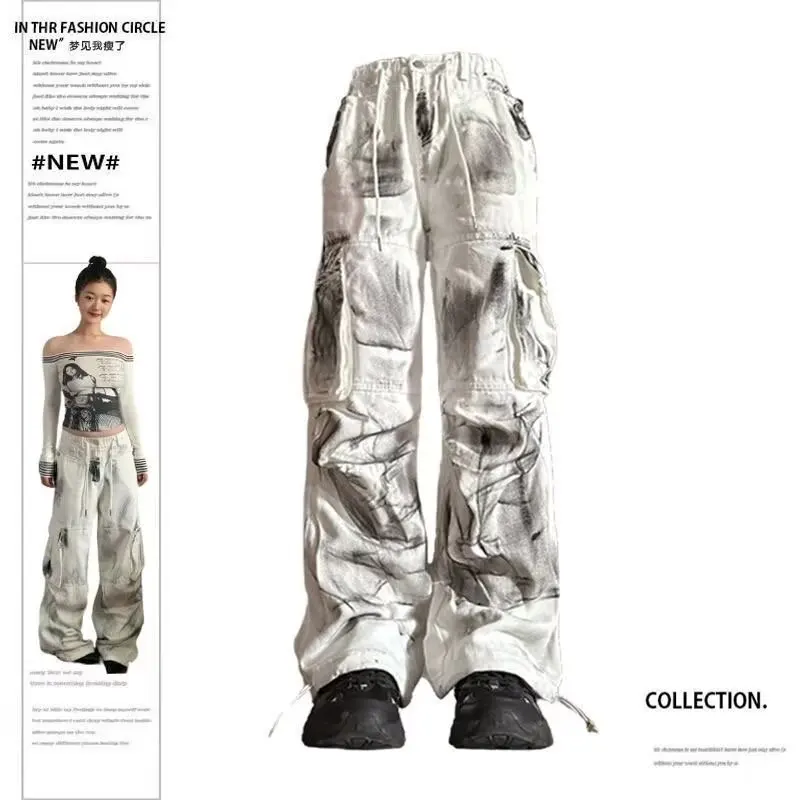 جينز نسائي واسع جينز نسائي سبان شوجو فتاة نمط الدنيم الطبقة السراويل البيضاء جان Y2k Coquette ملابس امرأة السراويل عالية الخصر